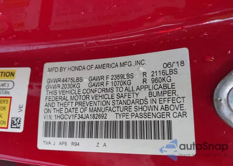 2018 Honda Accord Sport from USA, damaged, VIN 1HGCV1F34JA182692